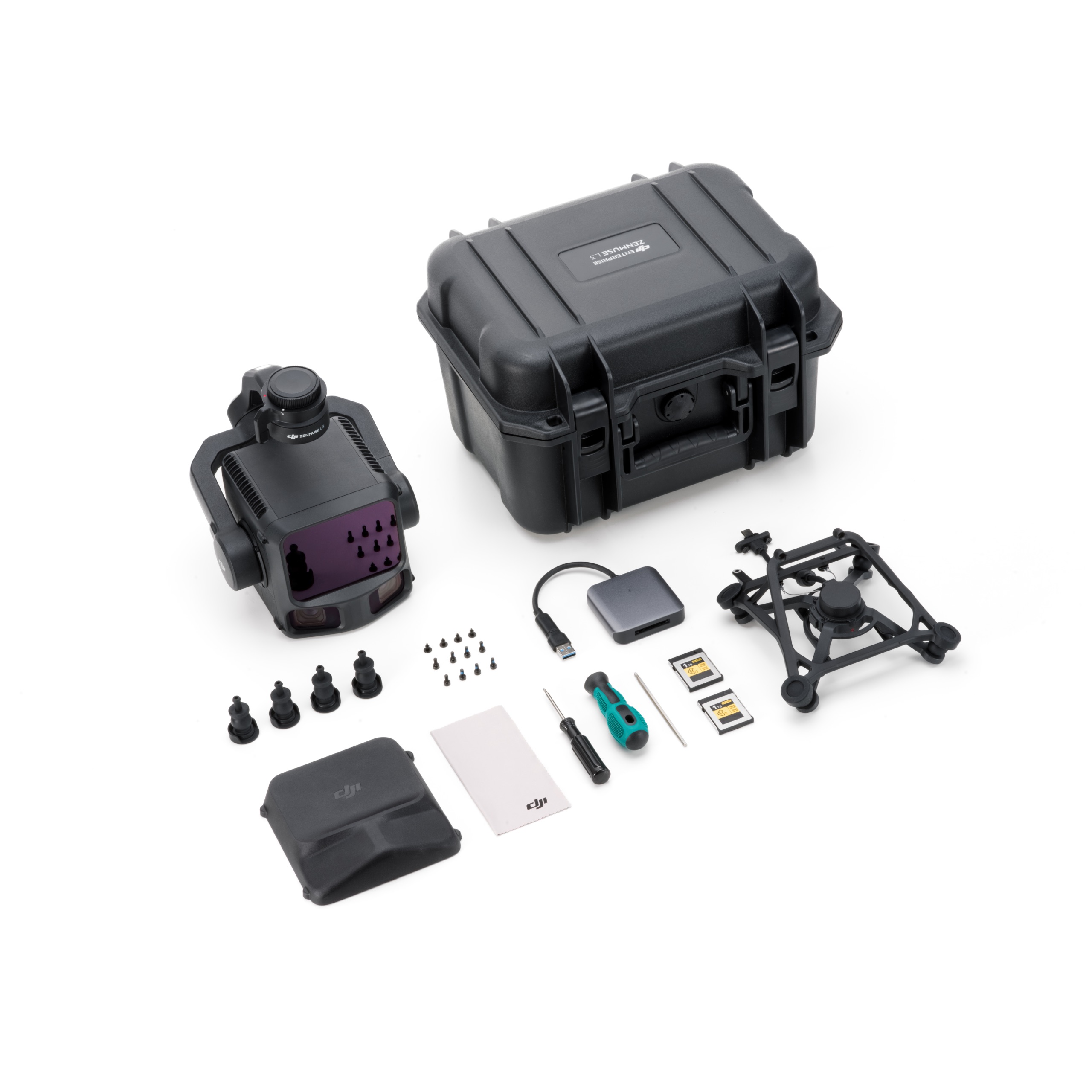 Complete package contents of the DJI Zenmuse L3 LiDAR system, including the gimbal camera, rugged carrying case, microSD cards, cables, and maintenance tools.