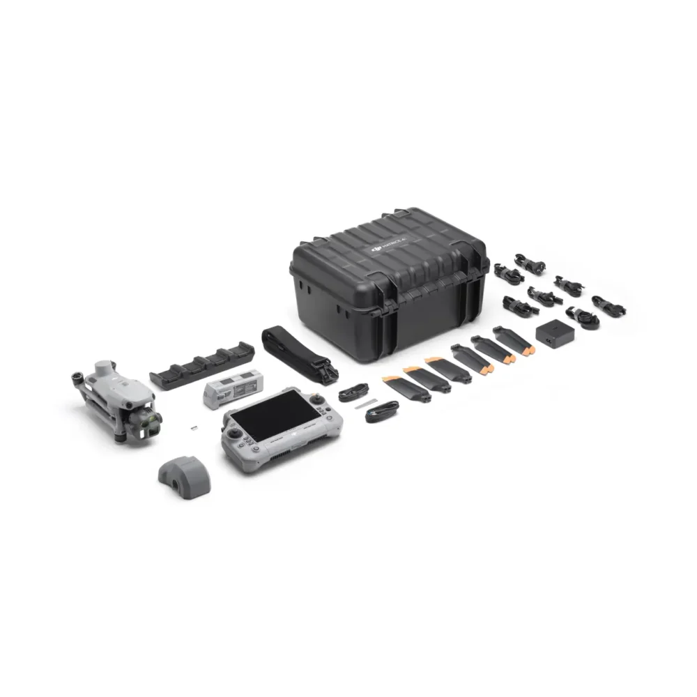 DJI Matrice 4E drone and included accessories laid out for packaging