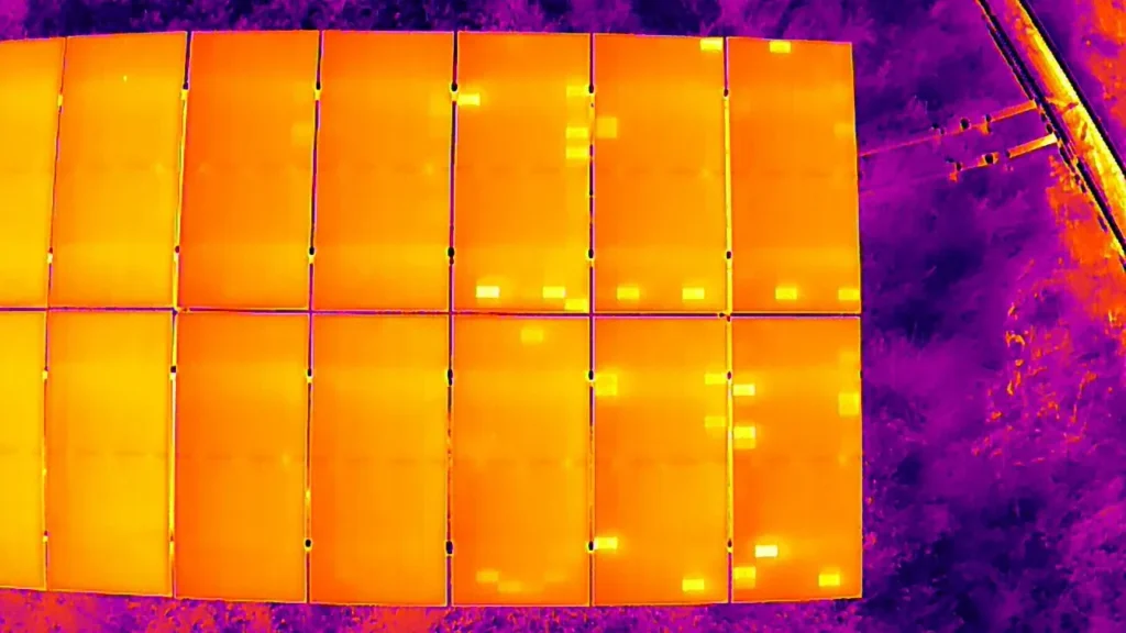 Thermal inspection anomaly examples on a solar PV array, including cell hotspots and missing modules.
