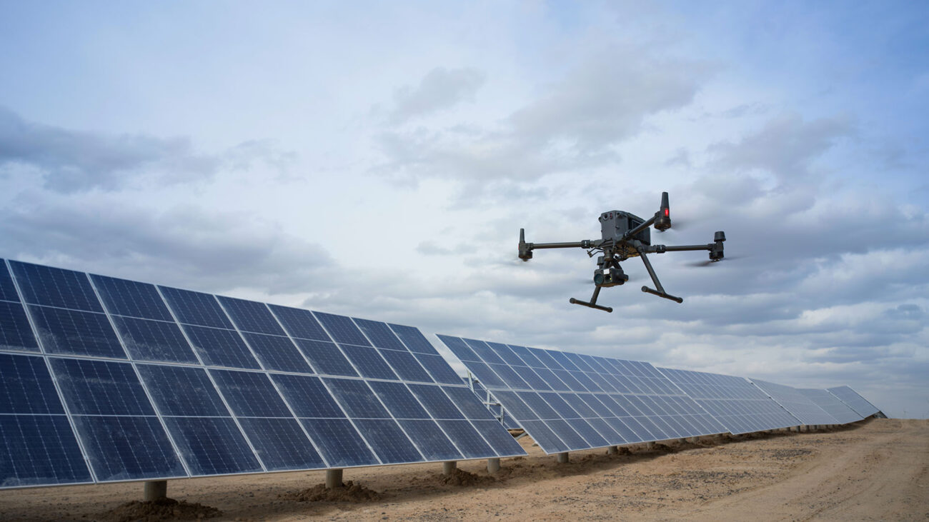 DJI Matrice RTK 400 series with H30T payload performing professional solar farm inspection in Ireland.