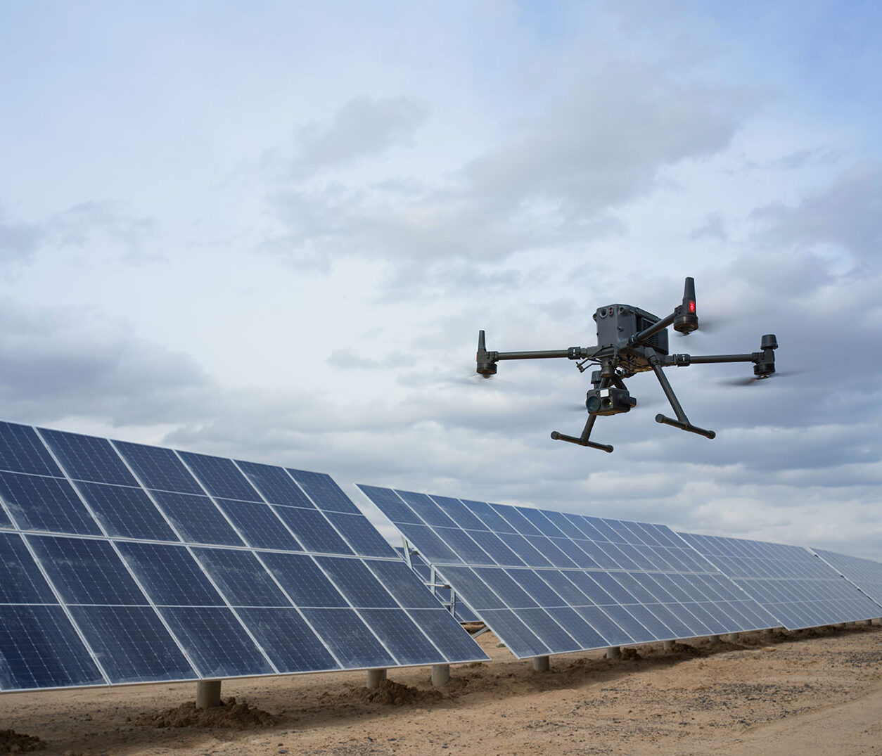 DJI Matrice RTK 400 series with H30T payload performing professional solar farm inspection in Ireland.